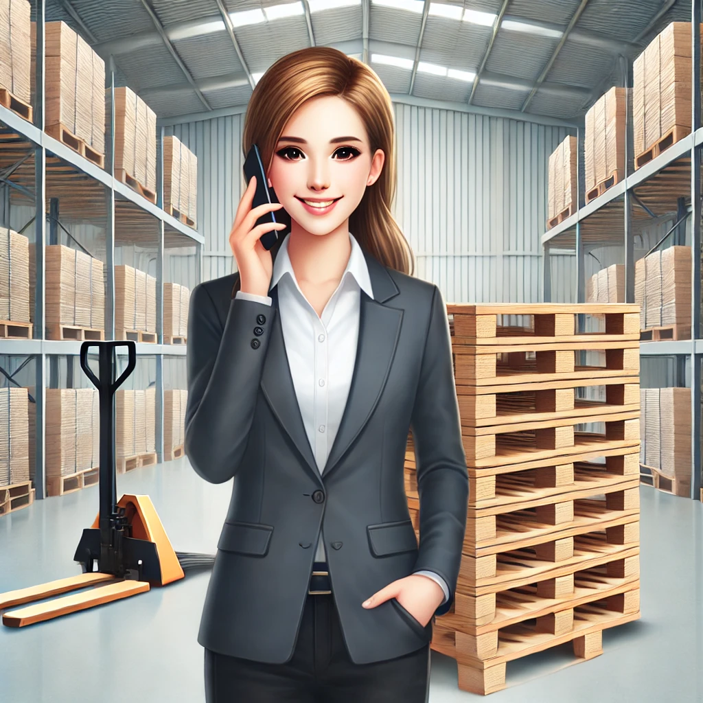 Businesswoman next to a stack of used wooden pallets